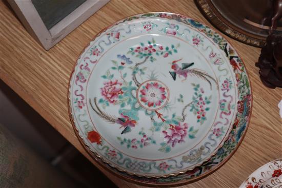 A Chinese famille rose plate, mixed European ceramics, a Barbola mirror etc